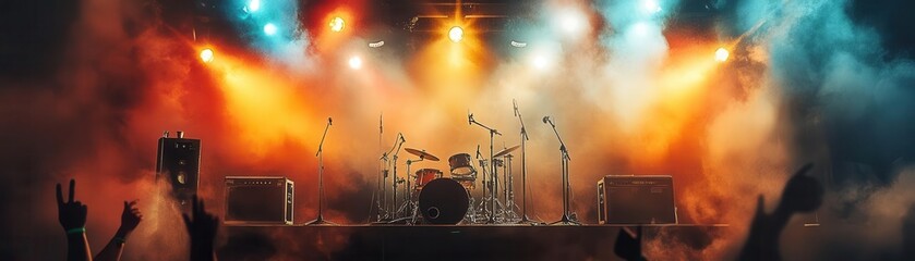 Concert stage with drum set, spotlights, and smoke.