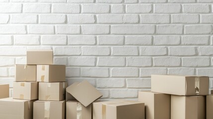 cardboard boxes and copy space over white brick wall By Di Studio