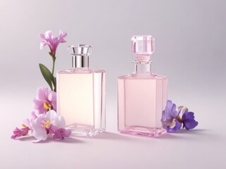 Perfume bottle in a pink rectangle glass with light pink cap