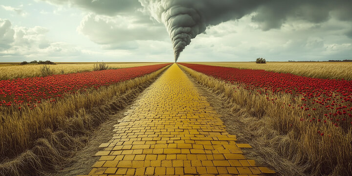 A yellow brick road, empty. Poppies and wheat stretch to the horizon where a tornado spins in the sky. The classic elements of the Wizard film and story - Kansas.