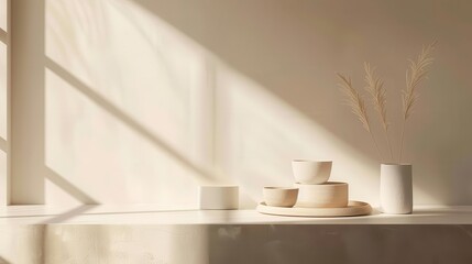 minimalist product display on light beige backdrop soft window light casts delicate intricate shadows clean lines subtle textures ethereal atmosphere for elegant presentation