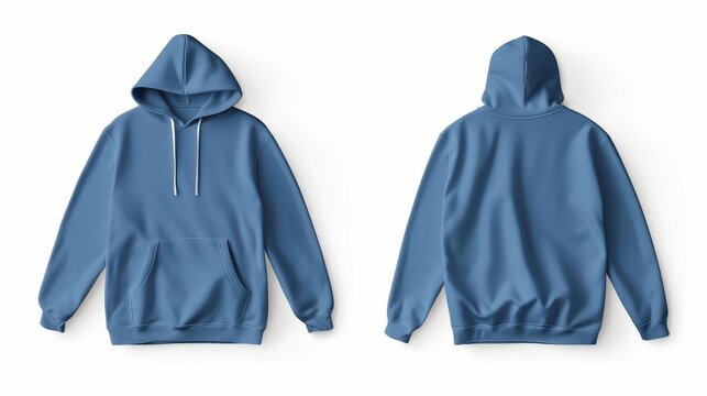 minimalist product mockup featuring blank blue hoodie front and back views on clean white background emphasizing design versatility and fabric texture