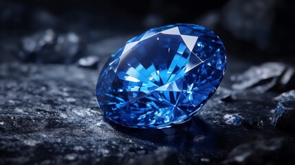 Close-up of a radiant blue sapphire gemstone with sparkling facets, set against a dark background. Concept of luxury, beauty, and precious stones.