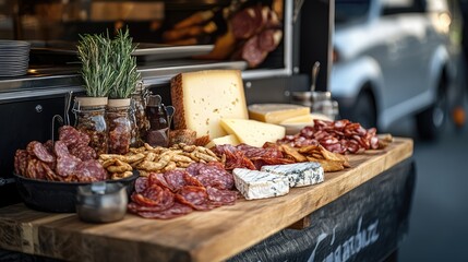 Obraz premium A gourmet street food platter with artisanal cheese and charcuterie, displayed on a rustic wooden board with a food truck ambiance