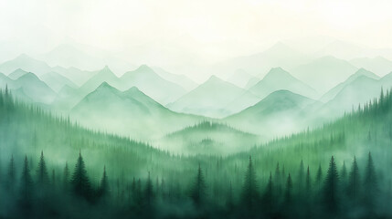 A mountain range with a misty, foggy atmosphere