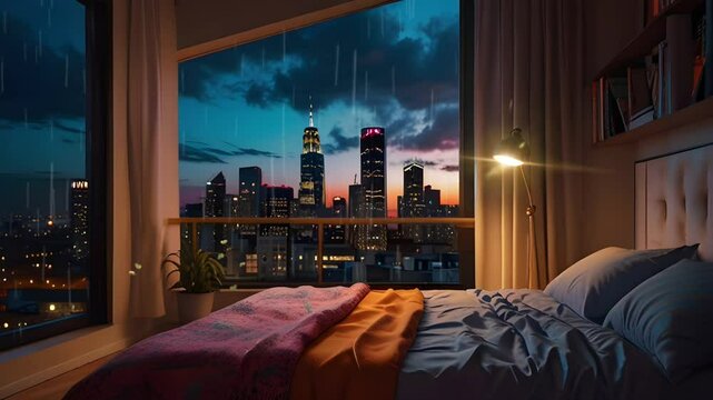 Dark atmosphere in a bedroom with open windows, showing a view of a modern city at night. Seamless 4K looping timelapse video animation background