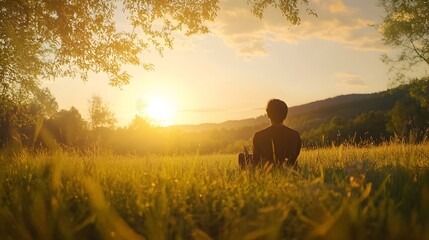 Man Sitting in Serene Countryside Sunset Landscape