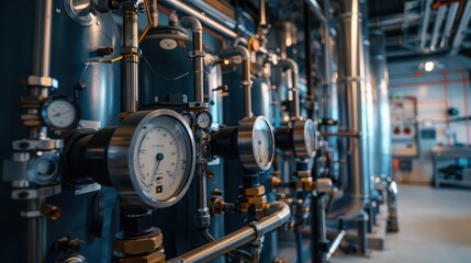 Fototapeta premium modern boiler room interior sleek stainless steel equipment pipes and gauges neatly arranged cool industrial lighting