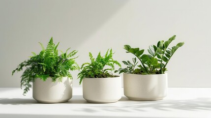 modern ceramic planters with lush greenery minimalist designs in various shapes clean white background soft shadows interior decor concept