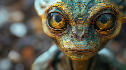 Obraz premium A close-up portrait of a green alien with large, expressive eyes and textured skin, set against a blurred background.
