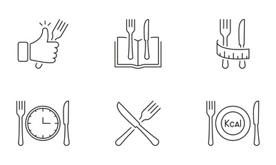 Healthy Eating Line Icon Set with Fork, Knife, Plate and Nutrition Symbols. Healthy Food, Diet, Meal Planning. Editable Stroke. Isolated Vector Illustration