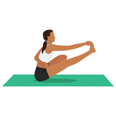 Young womanWoman doing Half Bound Lotus Boat Pose or Ardha Baddha Padma Navasana yoga exercise. Flat vector illustration isolated on white background