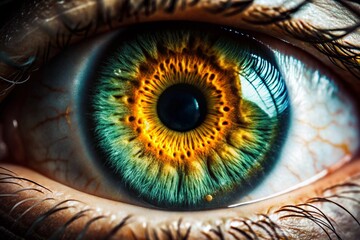 A close-up portrait of a single eye, showcasing intricate details like the iris, pupil, and eyelashes.