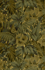 Pattern of golden, stylized flourishes on a textured gold background. suggests elegance and sophistication.