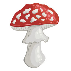 Fly agaric red mushroom for Halloween. Trendy flat style magic mushroom isolated on white. Vector illustration of forest mushroom.