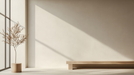 Fototapeta premium A white room with a bench and a potted plant