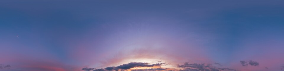 Dramatic Sunset sky 360 panorama. Vibrant sky with bright glowing red pink Cumulus clouds. HDR 360...