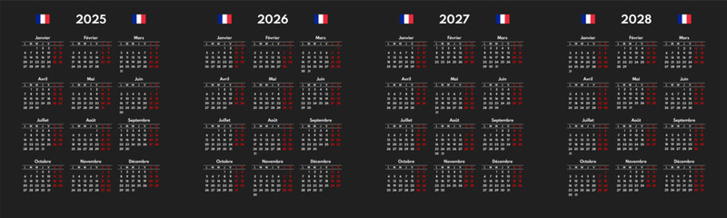 simple 2025 2026 2027 2028 french calendar grid, monday first, two weekends, black background