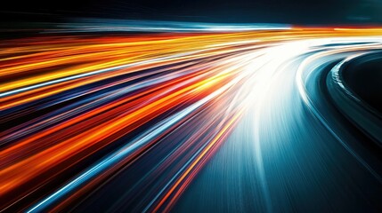 A car speeding down a highway at night, with long-exposure light streaks trailing behind, showcasing high velocity.