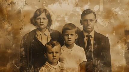 Obraz premium nostalgic sepia photograph faded family portrait with vintage clothing and hairstyles warm brown tones slightly blurred edges creating dreamlike quality evokes memories and passage of time