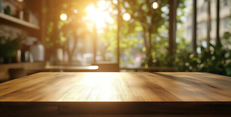 Sunlit modern coffee shop with sleek wooden table and greenery
