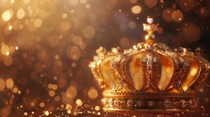 ornate golden crown adorned with precious gems floating majestically against a backdrop of shimmering light intricate filigree work and regal design elements exude royal opulence