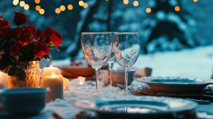 A table set for a holiday dinner with candles and flowers