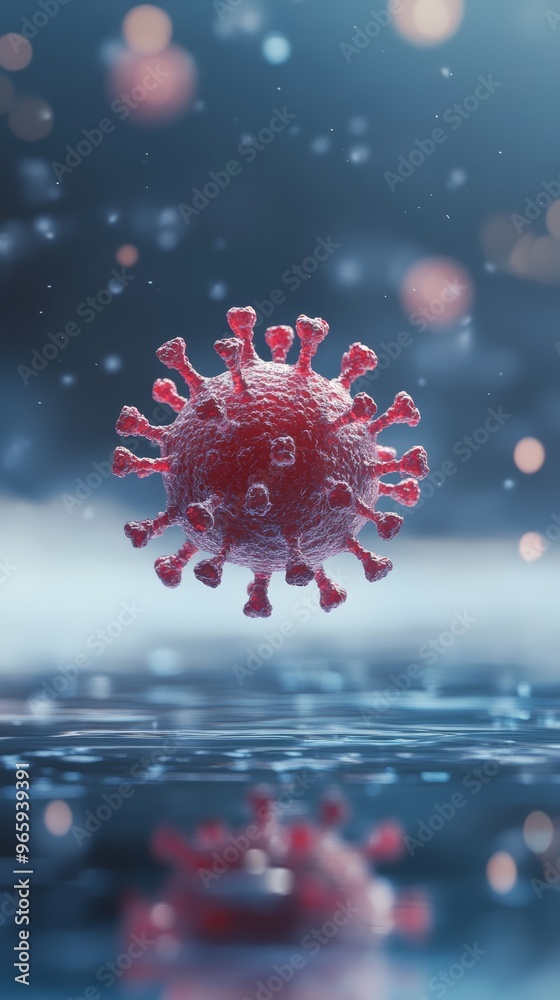 Poster Detailed virus particle floating over a reflective water surface. Cool tones and bokeh lights convey viral transmission and healthcare themes.