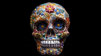 ornate sugar skull adorned with intricate floral patterns and vibrant colors isolated on black background the skull combines traditional day of the dead imagery with contemporary artistic flair