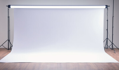 A white backdrop stands ready for a photoshoot in a studio setting
