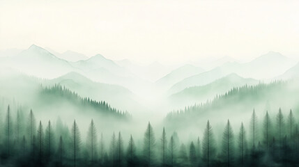Fototapeta premium A mountain range with a foggy mist and trees