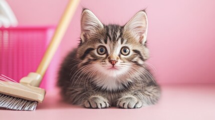 Cute kitten resting on a pink surface with a broom and dustpan nearby
