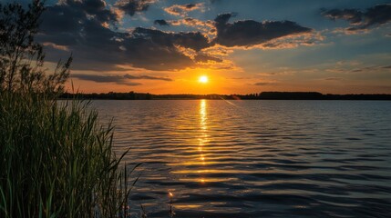 Obraz premium Beautiful Lake Evening Sunset Nature Landscape