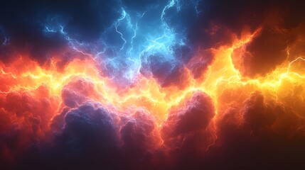 Fractal lightning in vibrant colors creating a dramatic and colorful abstract backdrop. 3D realistic rendering emphasizes the dynamic and popular features of the design.