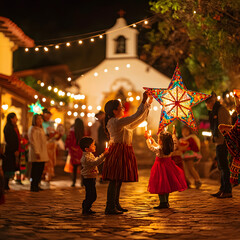 Family celebrating a traditional Christmas posada with star lanterns at night