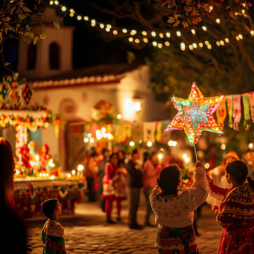 Traditional Christmas posada celebration with family holding star lanterns