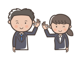 OKするリクルートスーツ風の若い男女ビジネスマンの上半身イラスト