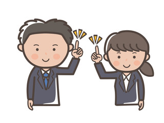 アイデアを思い付くリクルートスーツ風の若い男女ビジネスマンの上半身イラスト