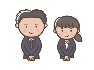 礼儀正しく畏まるリクルートスーツ風の若い男女ビジネスマンの上半身イラスト