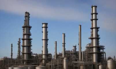 A large industrial complex with numerous tall chimneys against a clear blue sky