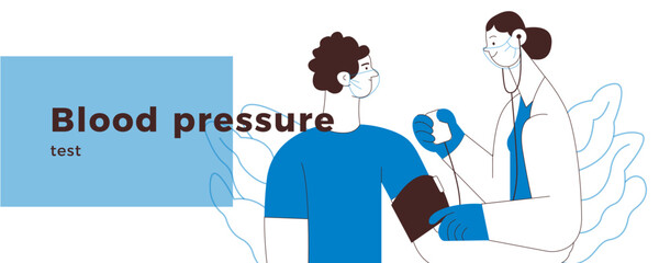 Female Doctor and Male Patient with Blood Pressure Measurement Machine in Medical Office or Laboratory. Blood Pressure Procedure. Black and White Vector Illustration. Landing Page Template. 