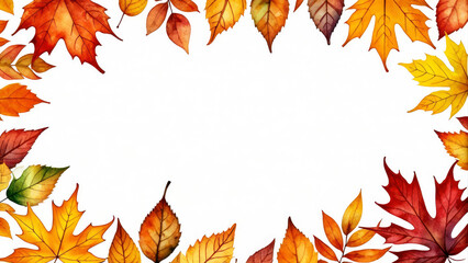 Fototapeta premium Colorful autumn leaves frame with a watercolor effect.Fall season concept.Banner for design with space for text.