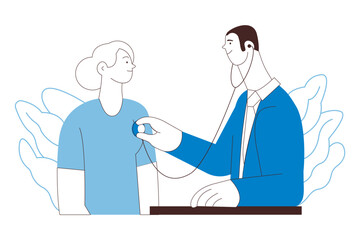 Cardiac Auscultation. Female Patient and Male Doctor Carrying Out Procedure in Medical Office or Laboratory. Stethoscope Examination Procedure. Black and White Vector Illustration. Website Banner