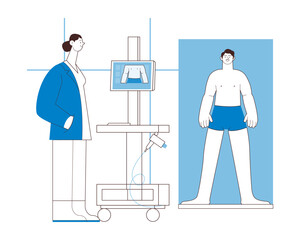 Dermatoscopy. Skin Cancer Screening. Medical Equipment. Medical Specialist Screening Patient on Birthmarks in Laboratory. Black and White Modern Flat Vector Illustration. Landing Page Design Template.