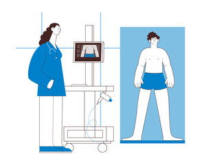 Dermatoscopy. Skin Cancer Screening. Medical Equipment. Medical Specialist Screening Patient on Birthmarks in Laboratory. Black and White Modern Flat Vector Illustration. Landing Page Design Template.