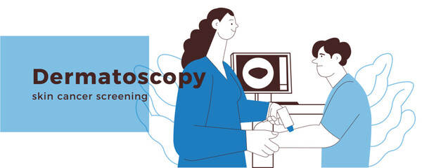 Dermatoscopy. Skin Cancer Screening. Medical Equipment. Medical Specialist Screening Patient on Birthmarks in Laboratory. Black and White Modern Flat Vector Illustration. Landing Page Design Template.