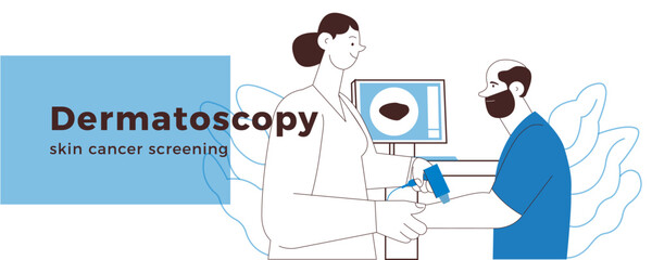 Dermatoscopy. Skin Cancer Screening. Medical Equipment. Medical Specialist Screening Patient on Birthmarks in Laboratory. Black and White Modern Flat Vector Illustration. Landing Page Design Template.