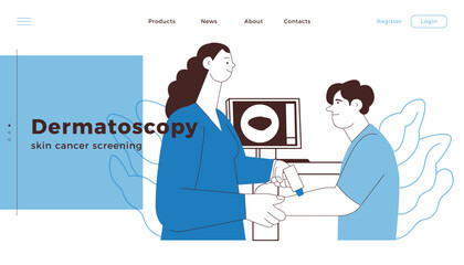 Dermatoscopy. Skin Cancer Screening. Medical Equipment. Medical Specialist Screening Patient on Birthmarks in Laboratory. Black and White Modern Flat Vector Illustration. Landing Page Design Template.