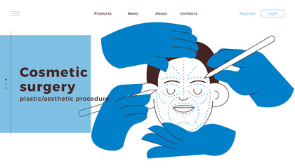Cosmetic Surgery. Plastic and Aesthetic. Female Face with Dotted Lines, Hands Wearing Surgical Gloves. Black and White Modern Flat Vector Illustration. Landing Page Design Template. Website Banner.