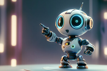 Positive cute robot pointing at a space. Copy space, 